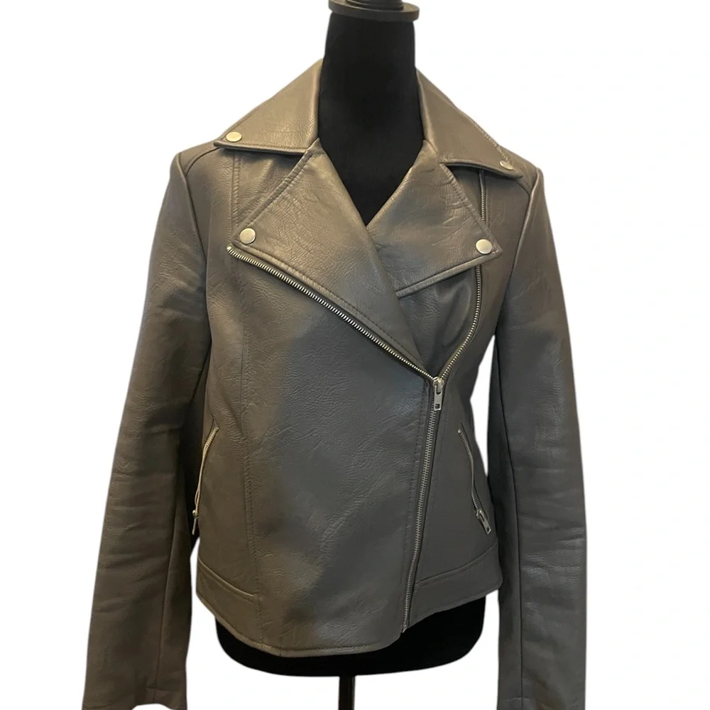 Women's Gray Motorcycle faux Leather,Biker Jacket,Large - Picture 1 of 7